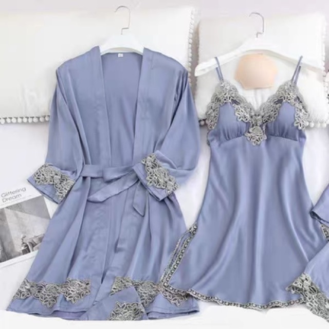 Váy ngủ quảng châu SX562-1 lụa satin phối ren kèm choàng cao cấp _Kubull | BigBuy360 - bigbuy360.vn