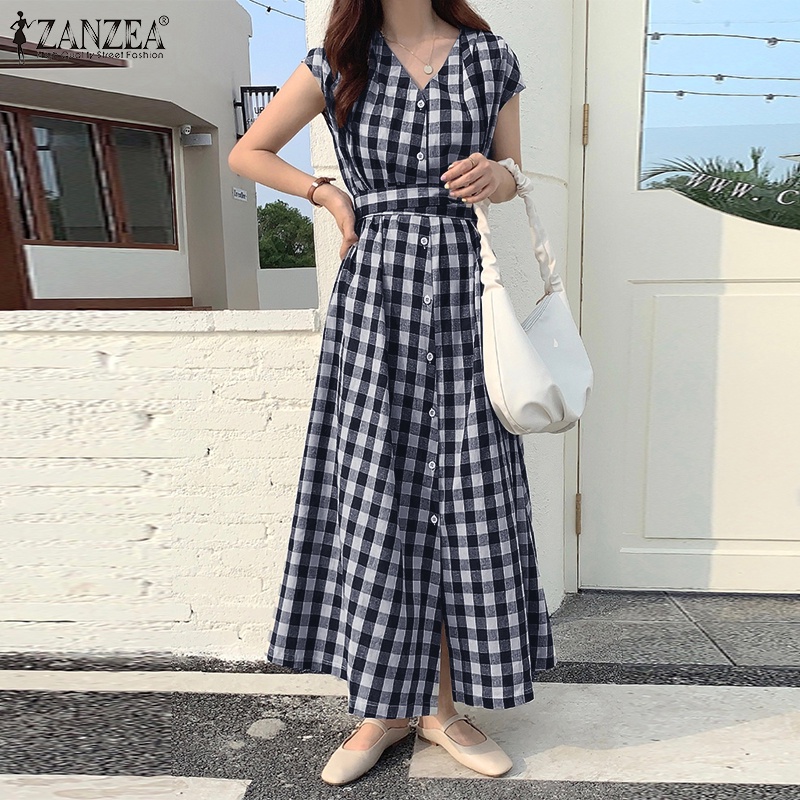 Đầm maxi Zanzea ngắn tay cổ chữ V họa tiết ca rô phong cách Hàn Quốc thời trang cho nữ