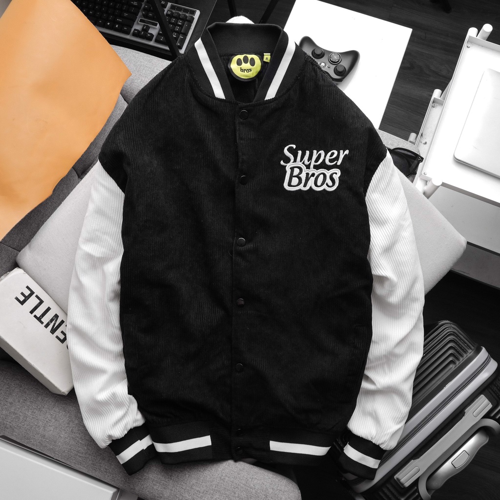 Áo Khóac Nhung Tăm Jacket Varsity Graffiti LoGo Thêu SUPER BROS ( 2 lớp BomBer ) Cao Cấp