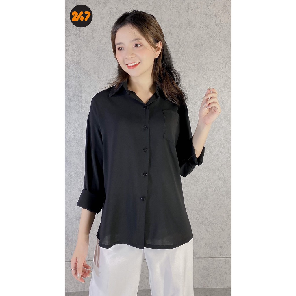 Sơ mi nữ basic cổ polo màu đen cá tính form rộng kiểu ulzzang hàn quốc | WebRaoVat - webraovat.net.vn