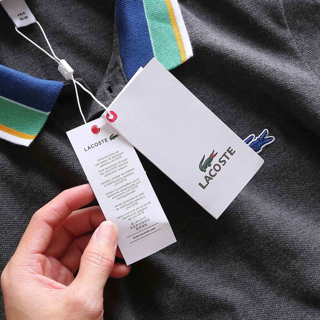Áo Polo Nam LACOSTE FRANCE Viền Phối Cổ Logo Xanh Dương - vải da cá sấu Full Tag Tem Code Form SlimFit