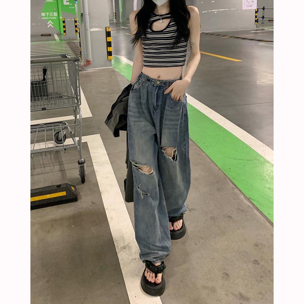 Quần jeans Rách Ống Rộng Lưng Cao Phong Cách retro