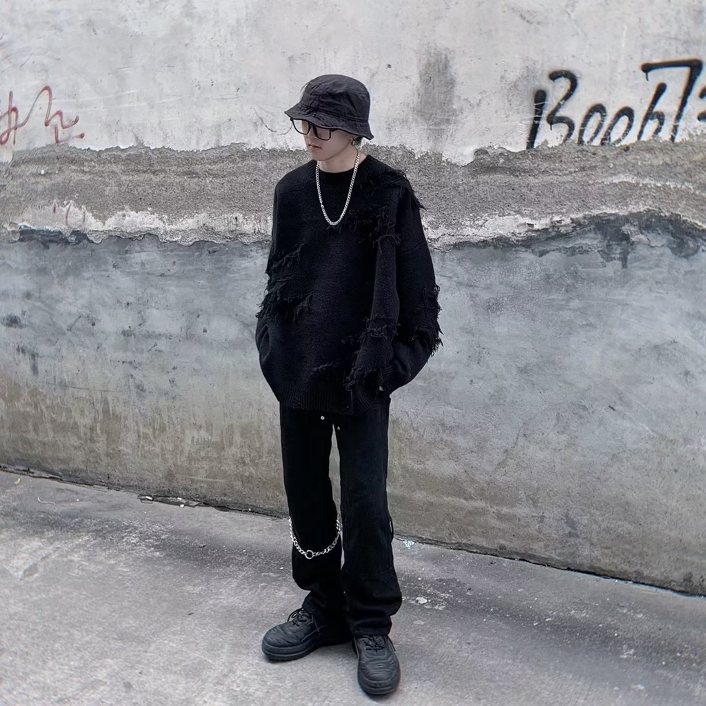 Áo Sweater Dệt Kim Tay Dài Cổ Tròn Màu Trơn Phối Rách Kiểu Đường Phố Hàn Quốc Thời Trang Cho Nam