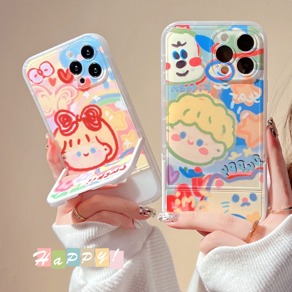 Casing For IPhone 13 12 11 X Xs Xr Pro Max 7 8 Plus 7+ 8+ SE 2020 Xsmax Promax 13Promax 12Promax 11Promax Cute Cartoon Painted Pet Boy Butterfly Girl Invisible folding bracket Phone Case Couple Stand Full Back Cover TX 01