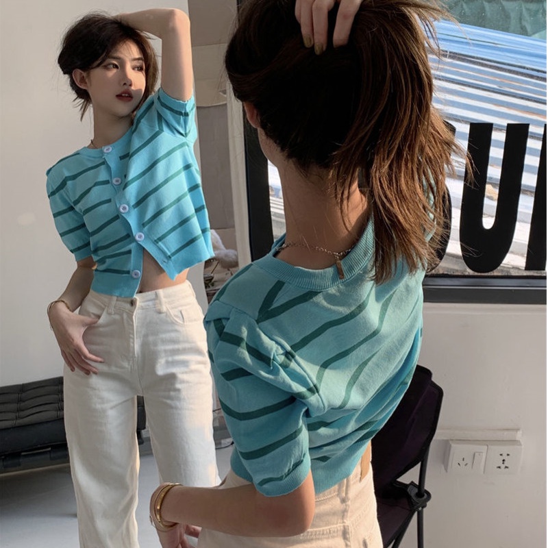 Áo Cardigan Dệt Kim Tay Ngắn Phồng Dáng Rộng Kẻ Sọc Màu Sắc Tương Phản Phong Cách Hàn Quốc