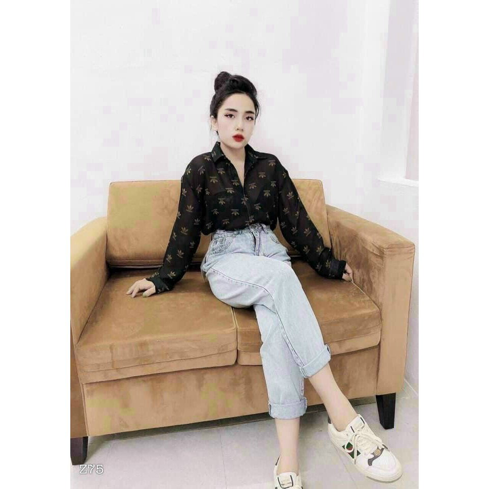 Áo sơ mi tay dài form rộng in hình logo 3 cánh cực xinh , chất voan lụa mềm mịn
