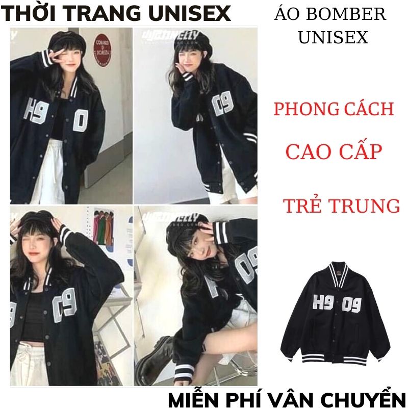 Áo Bomber UNISEX in chữ H909 ,  Cổ Có Cúc Bấm Chất Liệu dù 2 lơp Chất Đẹp nữ hàn quôc XMTC2