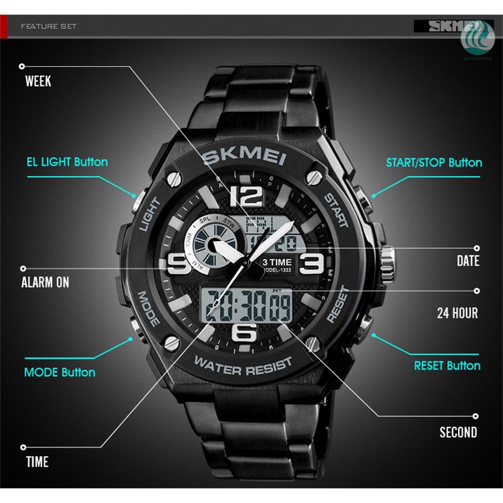 🌱SKMEI 1333 Men Quartz 3 Time Chrono Watches Countdown Analog Digital Display Wristwatch 5ATM Waterproof Fashion 