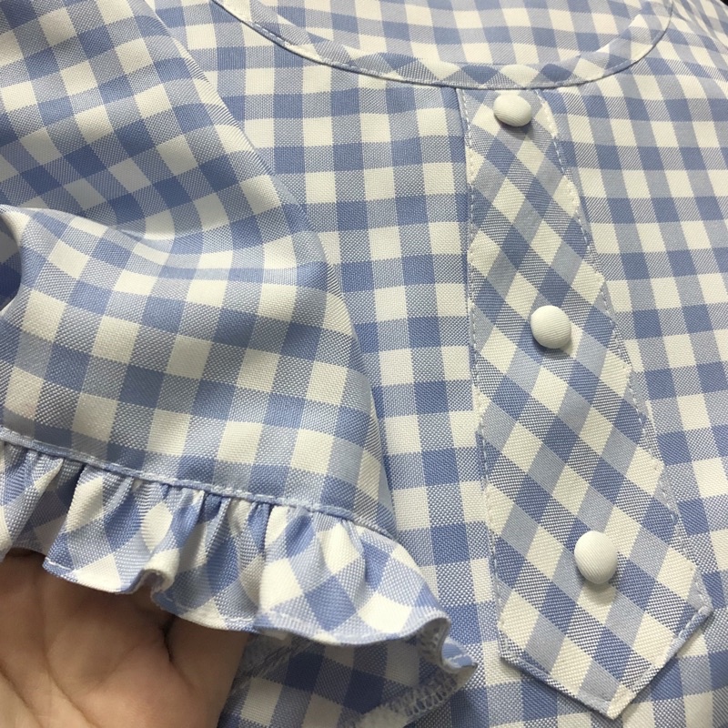 Áo babydoll caro xanh dễ thương tặng kèm scrunchie cùng màu