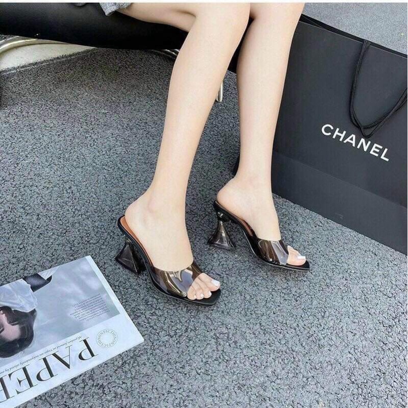 Giày guốc cao gót nữ đế loe quai trong mica màu đi tiệc sang chảnh DOLOE