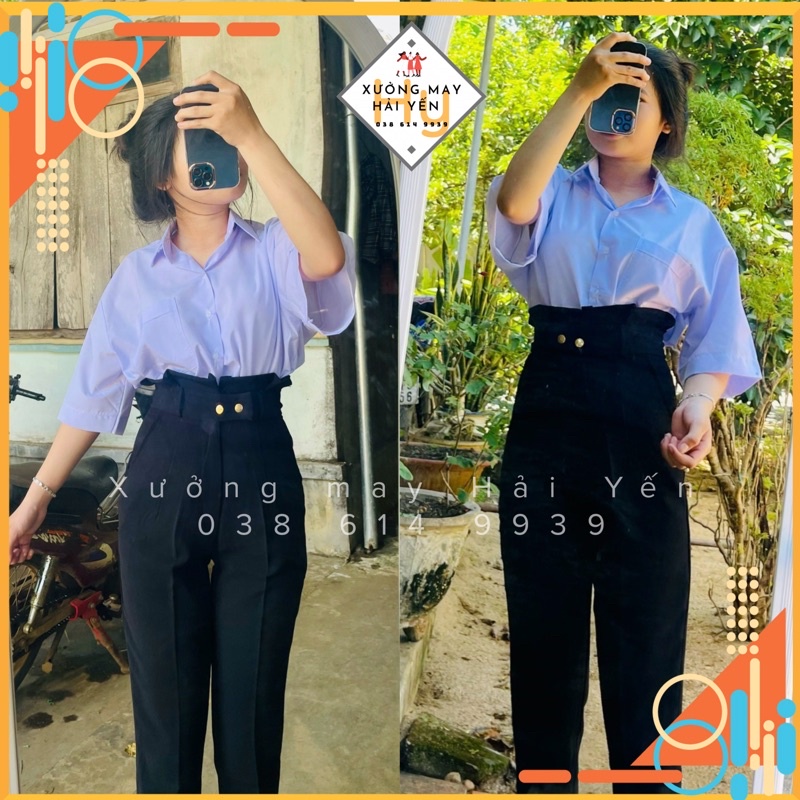 Quần Tây cạp bèo lưng siêu cao phối 2 cúc hách dáng mã 001
