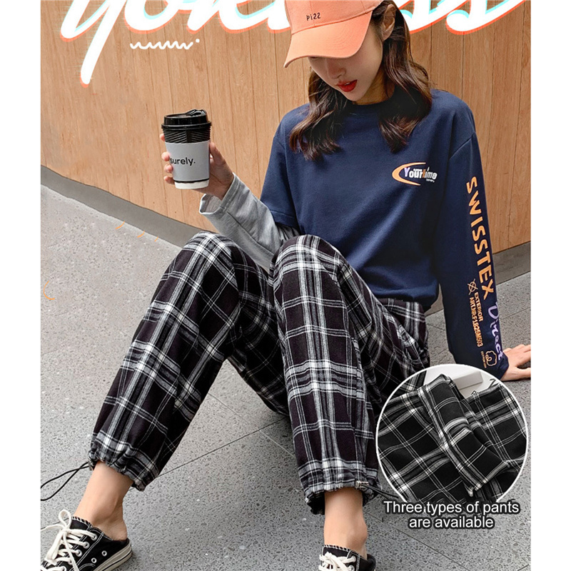 [procoolVN]Wide Leg Pants Women Oversize Chic Plaid Trousers High Waist Pocket Streetwear