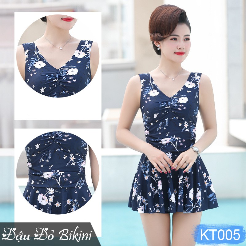 Bộ bơi trung niên dáng váy cộc tay, quần sooc đùi rời, màu sắc trang nhã phù hợp cho các mẹ &amp; các bà, chất đẹp | KT005