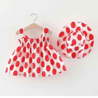 Đầm 2 dây kèm nón chấm bi cho bé