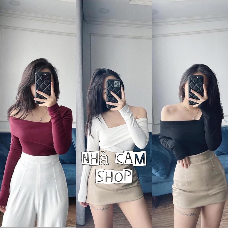 Áo Thun Lệch Vai Dài Tay Cotton Zip 3 Màu -Nhà Cam