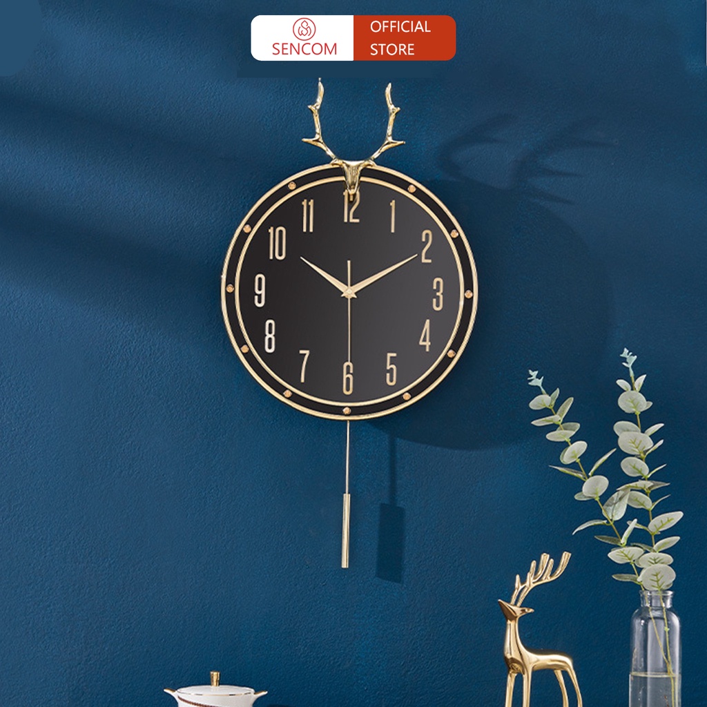 Đồng hồ treo tường đầu hươu lắc trụ SENCOM, đồng hồ trang trí decor mạ vàng luxury - E11