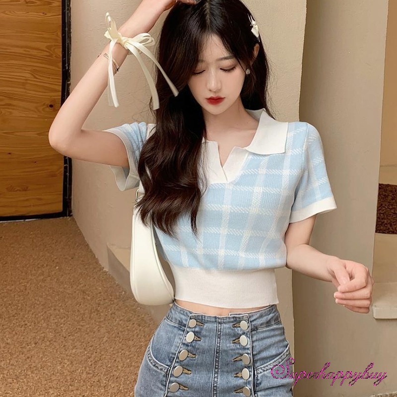 Áo Thun Dệt Kim Ngắn Tay Họa Tiết Sọc Caro Thời Trang Mùa Hè Cho Nữ