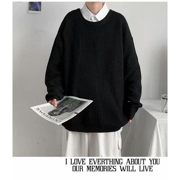 Áo Sweater Cotton Dệt Kim Cổ Tròn Dáng Rộng Màu Sắc Đơn Giản Trẻ Trung Cho Nam Giới