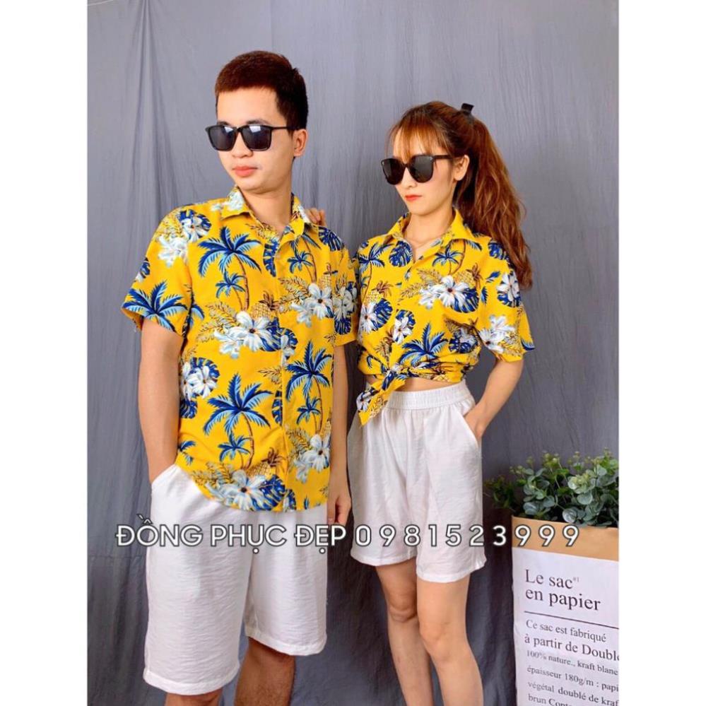 Áo sơ mi nhóm lớp đi biển, sơ mi họa tiết hawaii hoa lá, sơ mi đôi nam nữ cực đẹp vải Kate Thái cao cấp