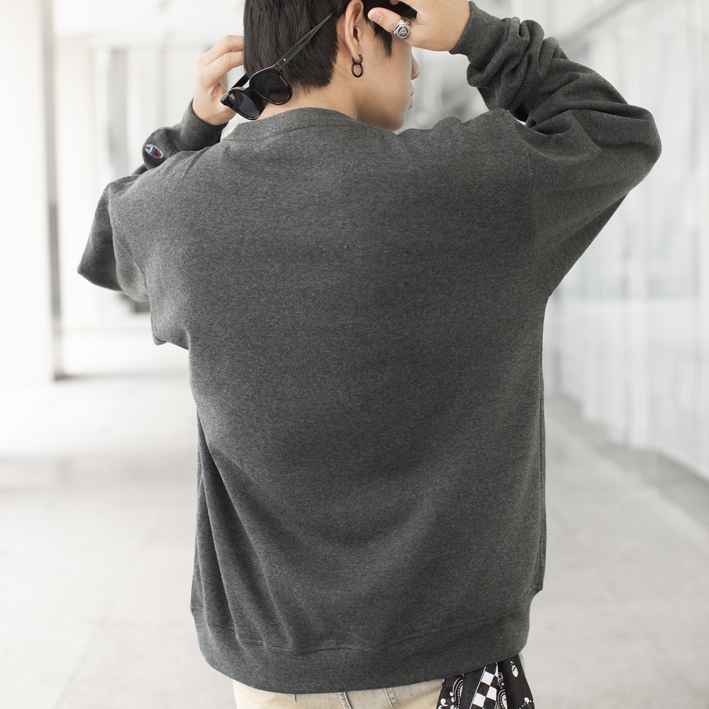 Áo Tay Dài Sweater Champion Chữ Thêu Sắc Nét Có Chất Liệu NỈ Bông Cotton Màu Xám