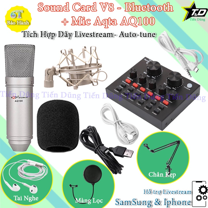 Combo mic livestream karaoke Aqta AQ100 và sound card V8 có bluetooth Auto-tune đi kèm chân kẹp màng lọc tặng tai nghe