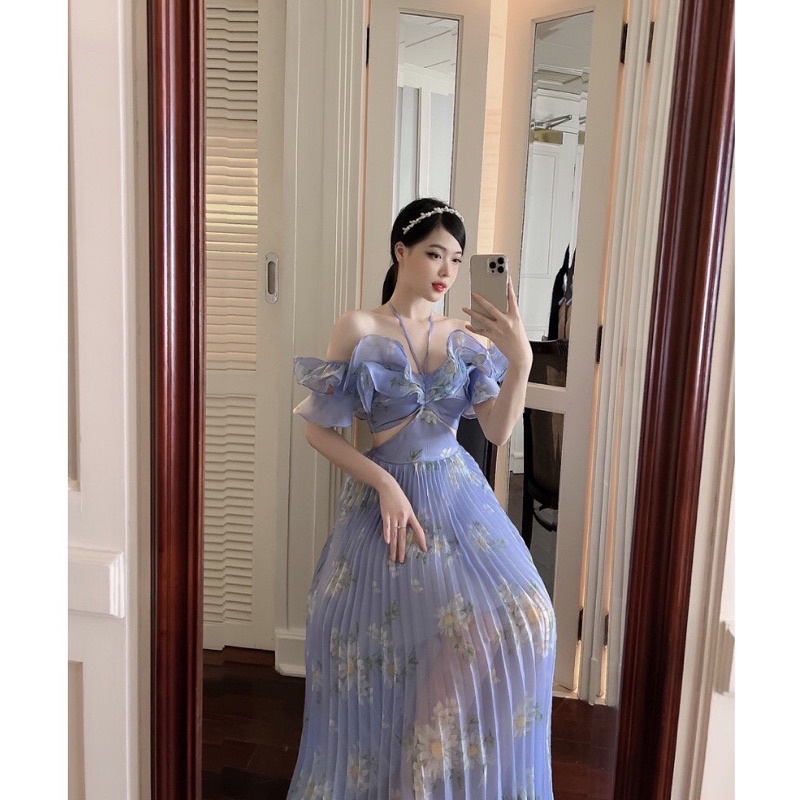 Đầm  váy maxi ASHYLEY thiết kế (HÀNG SẴN) trễ vai dập ly hoạ tiết cut eo tôn dáng Aimee closet