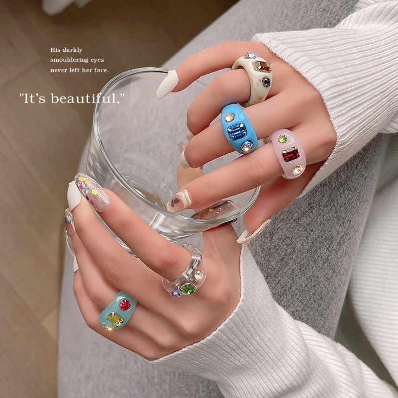 3 Cái / Bộ Thời trang Vòng nhựa trong suốt Acrylic Rhinestone Nhẫn Hình học đầy màu sắc Phụ nữ Trang sức Phụ kiện