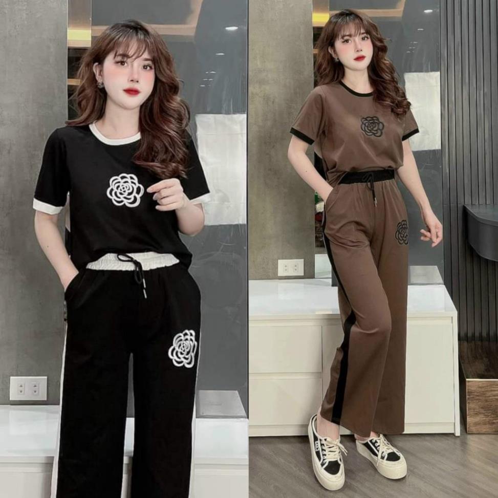 Đồ Bộ Thun Cotton Nữ Quần Dài ANVI, Set Đồ Nữ Thu ĐôngForm Rộng Quần Ống Suông Thêu Hoa  Đủ Size Từ 45kg-70kg.