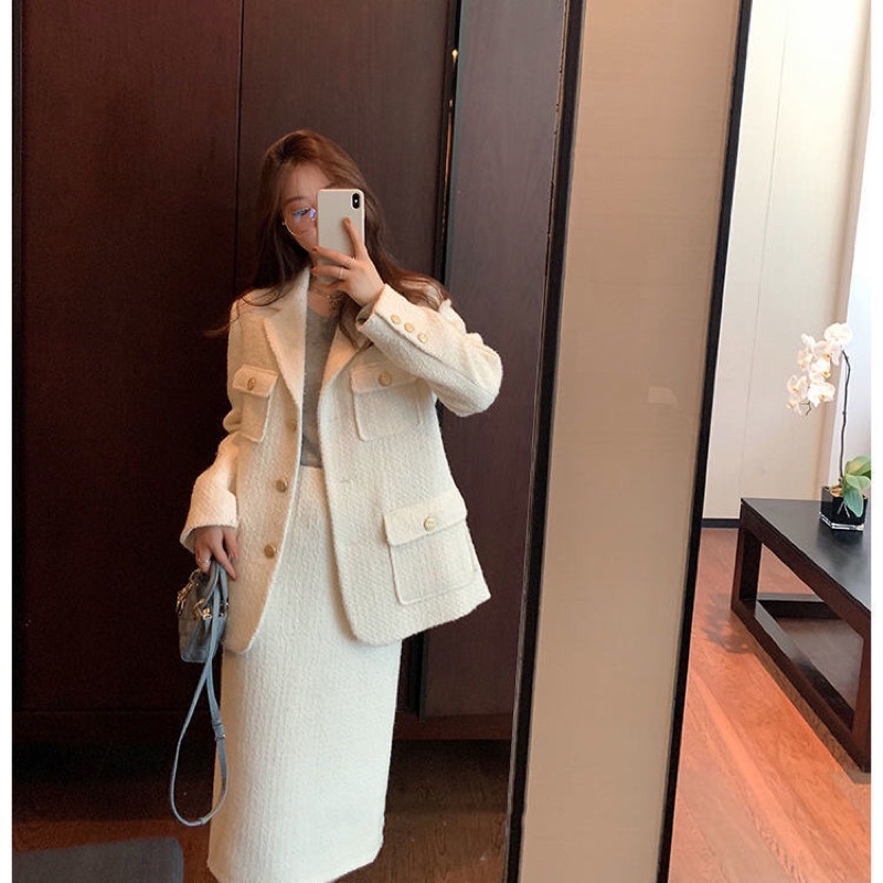 Set Áo Vest + Chân Váy Dài 2 Lớp Chất Dạ Tweed Hàng Quảng Châu Cao Cấp - ELISA STORE