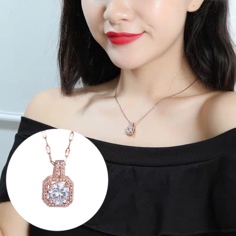 Dây chuyền thép titan mặt vuông đính đá kim cương siêu lấp lánh phong cách Hàn Quốc chất lượng cao