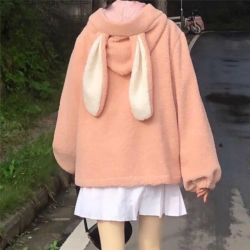 Áo khoác tai thỏ lông cừu nút gỗ dễ thương 100% ảnh thật