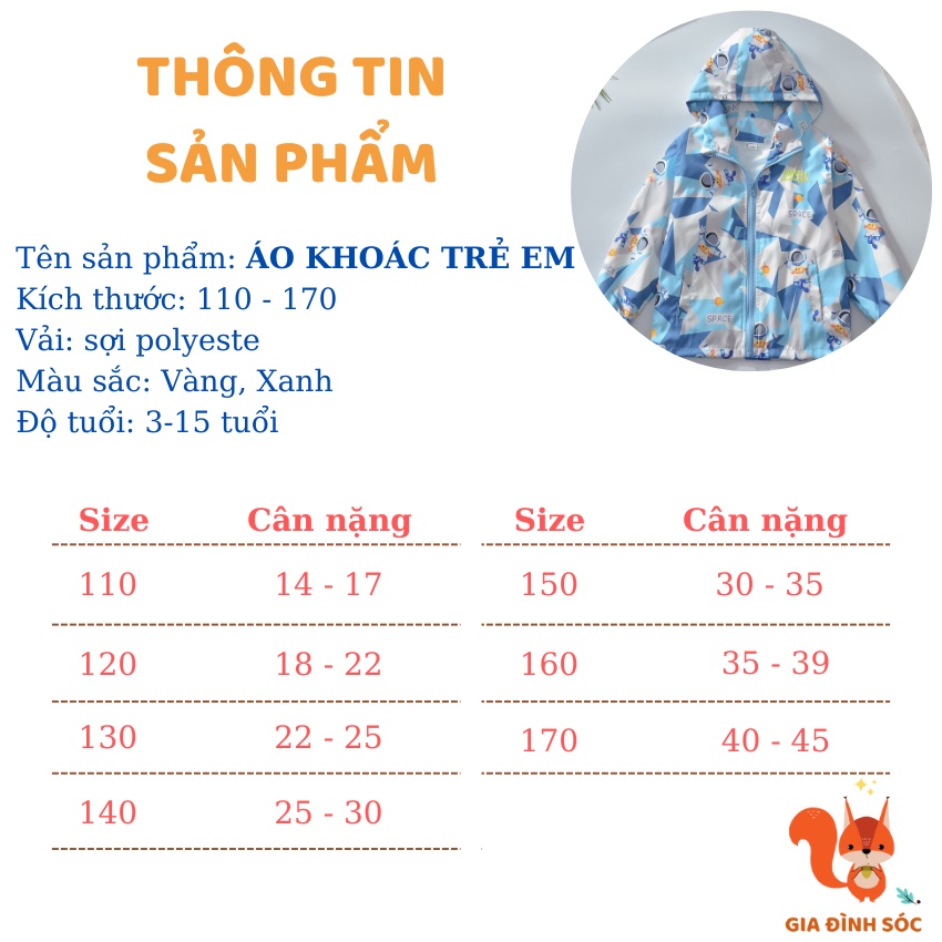Áo khoác gió cho bé trai size 110-170