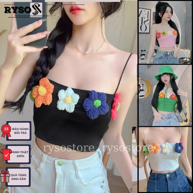 Áo 2s croptop ticker hoa cúc đan bằng len
