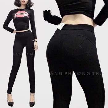 Quần legging nữ nâng mông vải cotton co giãn mạnh màu đen fullsize S-3XL túi zip
