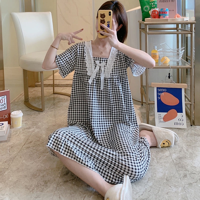 Đồ ngủ Dáng Dài Ngắn Tay Size Lớn Họa Tiết Sọc Caro Phong Cách Nhật Bản