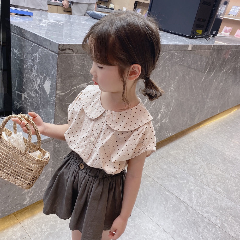 Set Áo Cổ Búp Bê Họa Tiết Chấm Bi Và Chân Váy Ngắn Vải Cotton Dễ Thương Thời Trang Mùa Hè Cho Bé Gái 0512