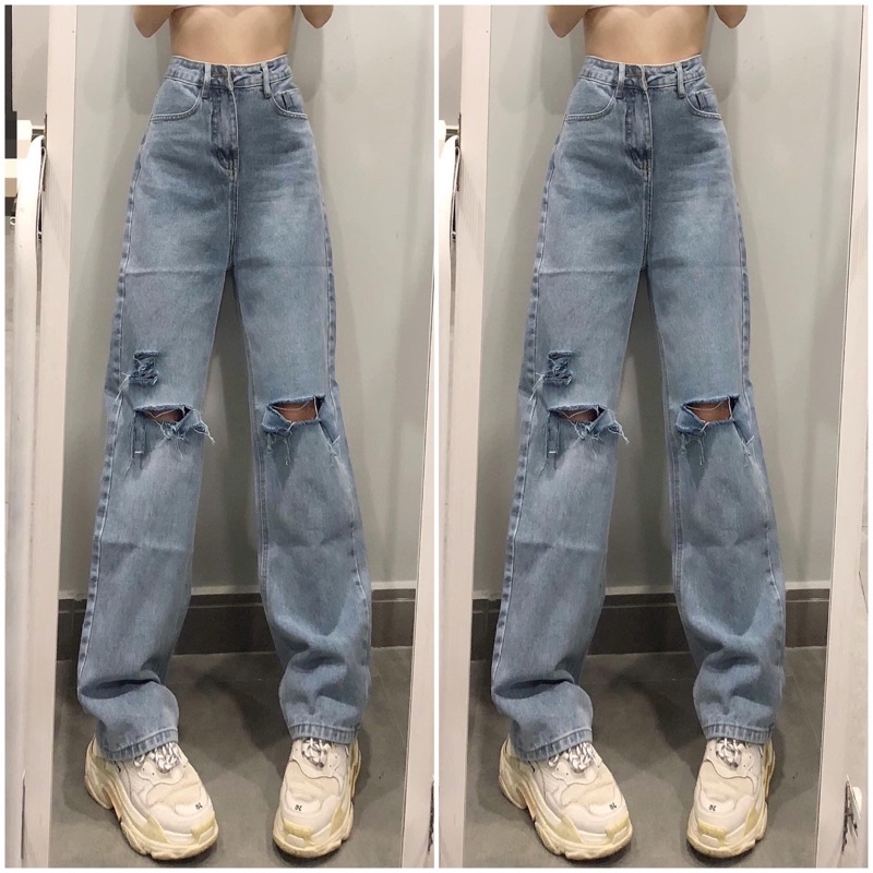 QUẦN JEANS DÁNG SIÊU DÀI RÁCH DÁNG XUÔNG [hình thật