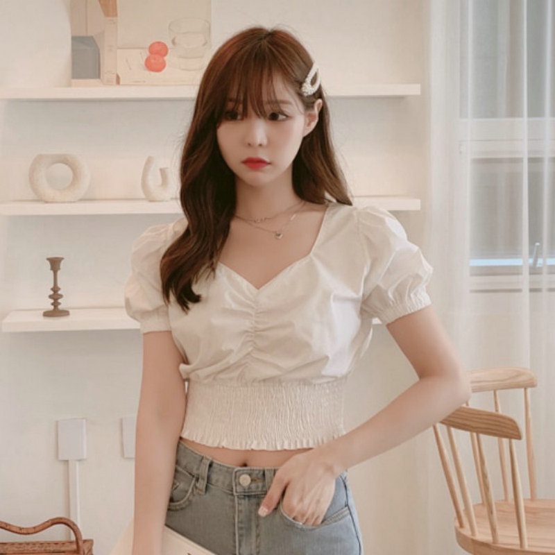 Áo sơ mi ngắn tay phồng cổ chữ V màu sắc trơn phong cách Hàn Quốc dành cho nữ