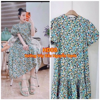 Đầm bầu suông hoa nhí cổ tròn tay bồng - váy bầu suông đuôi cá hoa nhí