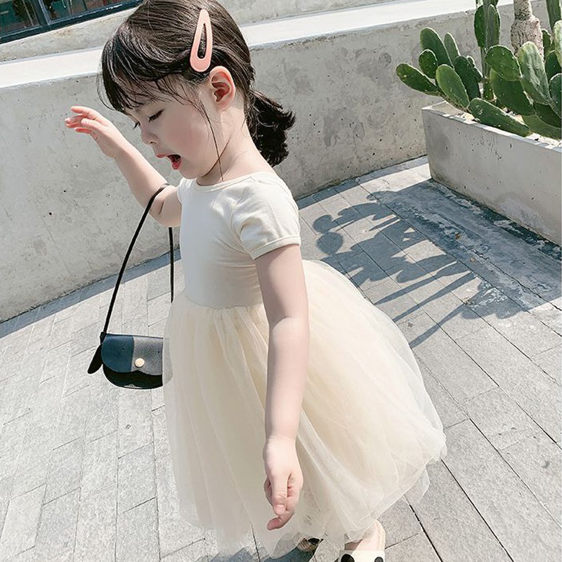 Đầm Tay Ngắn Cổ Tròn Phối Lưới Phong Cách Hàn Quốc Ngọt Ngào Cho Bé Gái