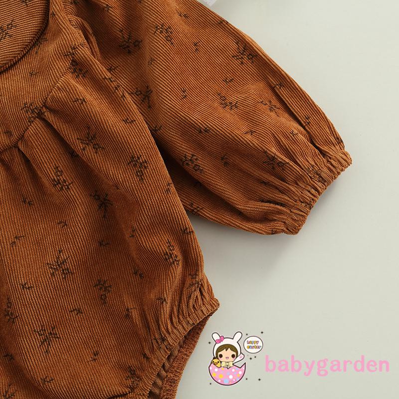 Áo liền quần tay dài giữ ấm cổ búp bê tròn in hoa bằng nhung kẻ có nút cài cho bé gái