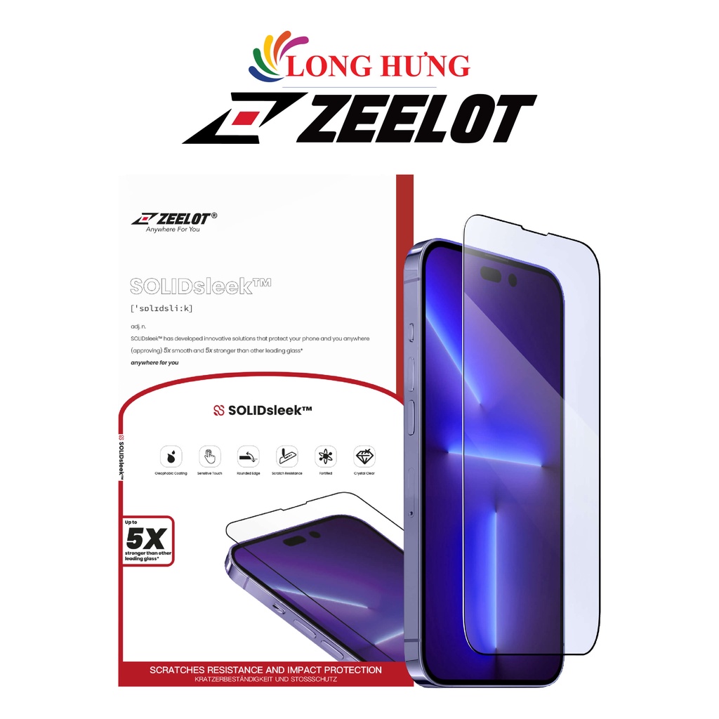 Dán màn hình cường lực Full viền chống tia xanh Zeelot SOLIDsleek iP 14 Pro Max/14 Pro/14 Plus/14/13 - Hàng chính hãng