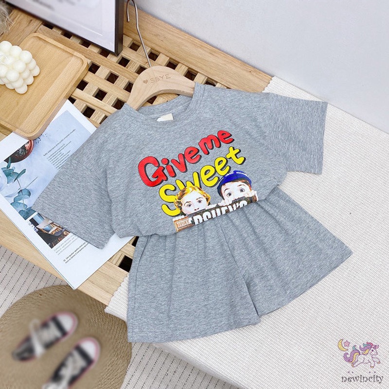 Set Áo Thun Tay Ngắn &amp; Quần Short Cotton In Hoạt Hình Phong Cách Hàn Quốc Cho Bé Gái