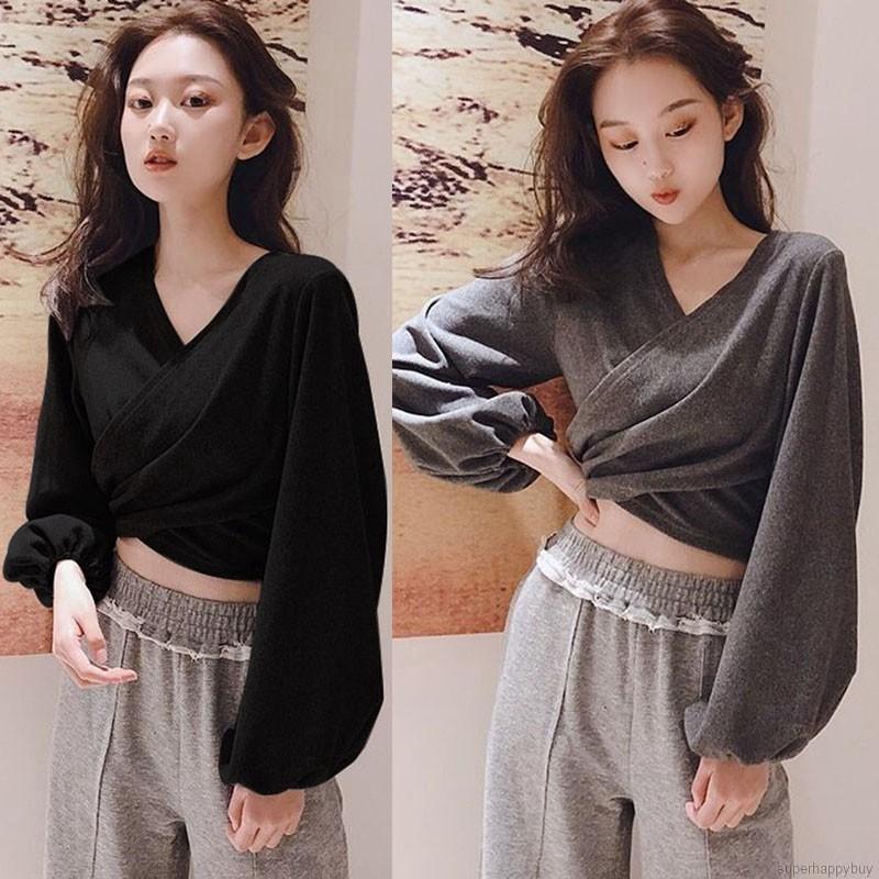 Áo kiểu tay dài thiết kế cổ chữ V quyến rũ