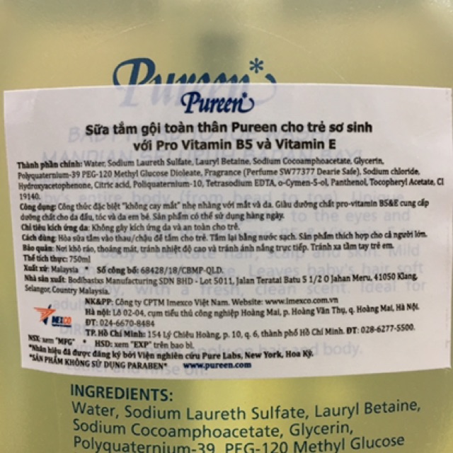 Tắm gội toàn thân Pureen cho trẻ sơ sinh với Pro Vitamin B5 và Vitamin E 750ml