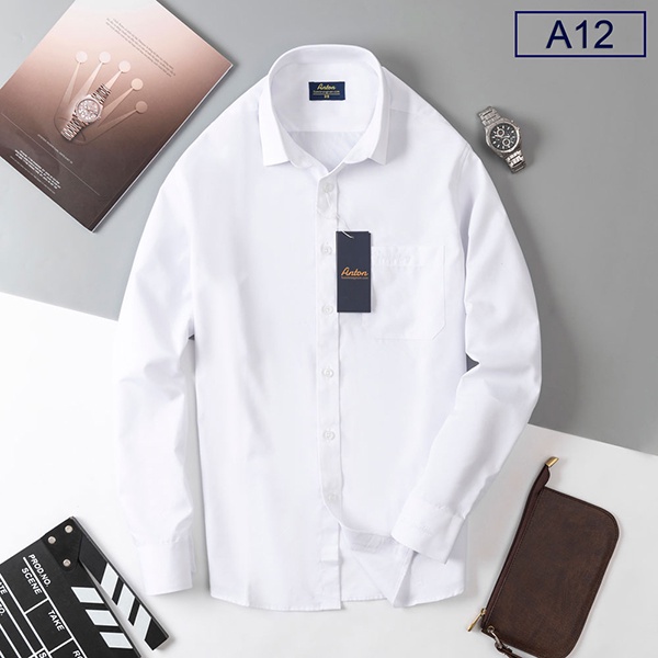 Áo Sơ Mi Nam Công Sở Trung Niên Anton Trắng Trơn Dài Tay Vải Cotton Có Túi Ngực - XA12