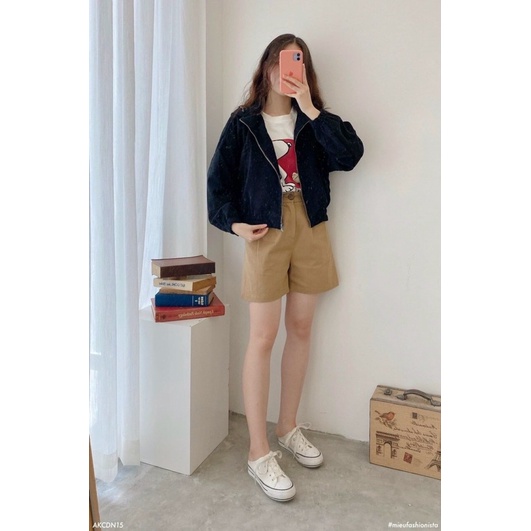 Áo khoác lửng croptop kaki nhung gân tay phồng unisex ulzzang nam nữ