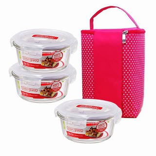 Combo 3 hộp thủy tinh đựng cơm văn phòng Lock&Lock 400ml tặng kèm túi giữ nhiệt chấm bi
