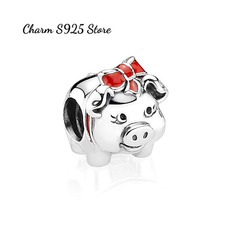 charm pan heo con đeo nơ đỏ bạc s925 cao cấp