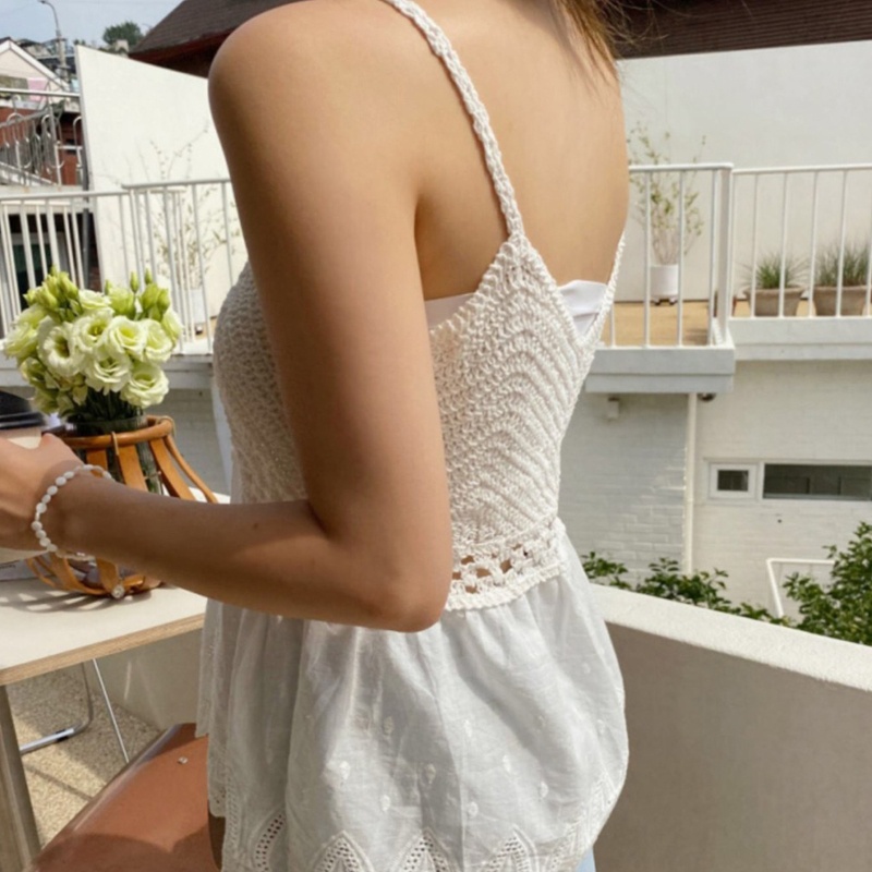 Áo Hai Dây Dệt Kim Cổ Chữ V Thêu Họa Tiết Lá/Chấm Bi Thời Trang Mùa Hè Quyến Rũ Cho Nữ